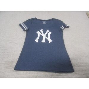 New York Yankees Shirt‎ Womens Small Blue MLB Baseball V Neck Sleeve Stripes